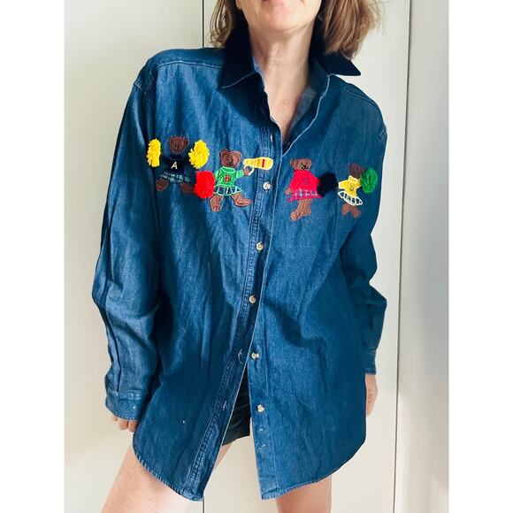 VTG 90s Denim Shirt Dark Wash Cotton Cheerleader Bears Size Large Embroidery - Picture 8 of 8